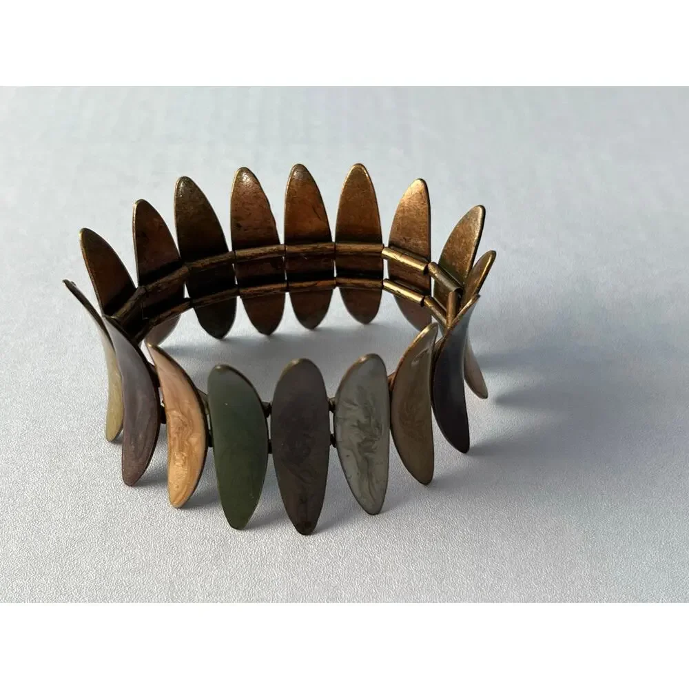 VTG Copper Tone Enamel Convex Panels Stretch Bracelet Boho MCM Tribal
